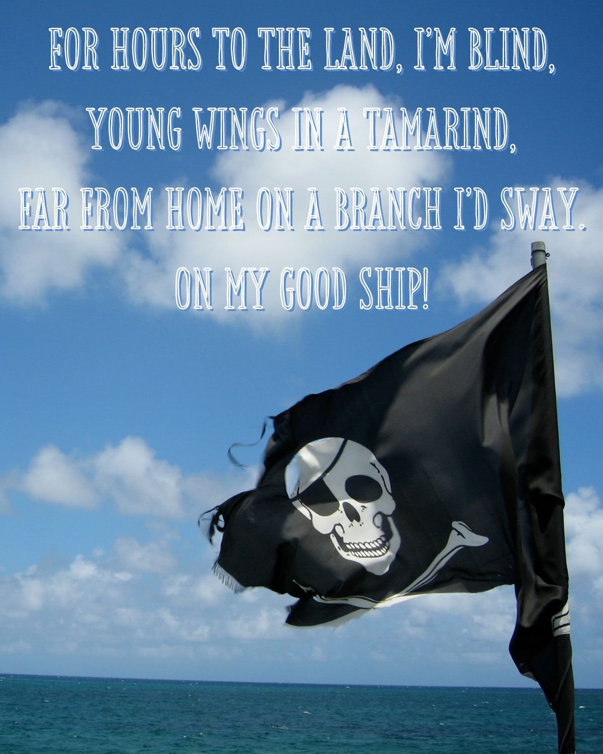 A skull flag flying in the wind on the open sea 