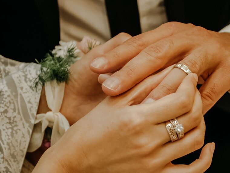 Couple placing wedding rings